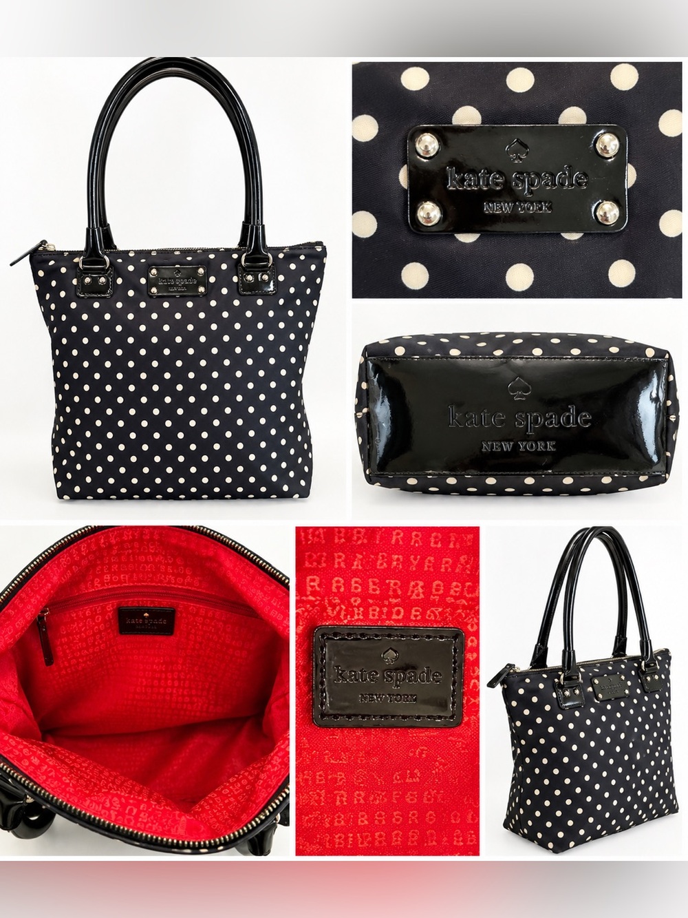 Kate Spade New York Black & White Polka Dot Tote Bag Patent Trim Red Interior
